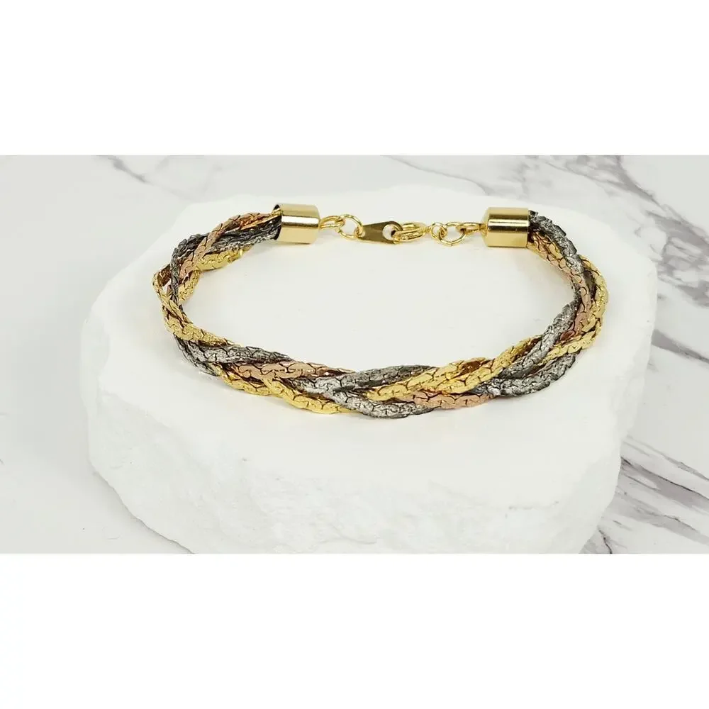 Vintage Tri-Color Braided Herringbone Chain Bracelet Gold Silver Rose 7.5